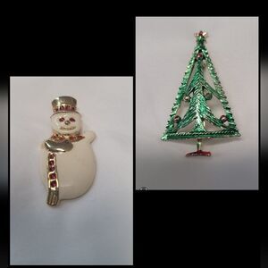 Vintage AAI Snowman Brooch &  Vintage Christmas Tree brooch